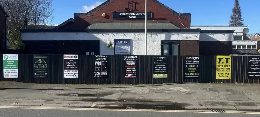 The front of Astley Community Club on a sunny evening